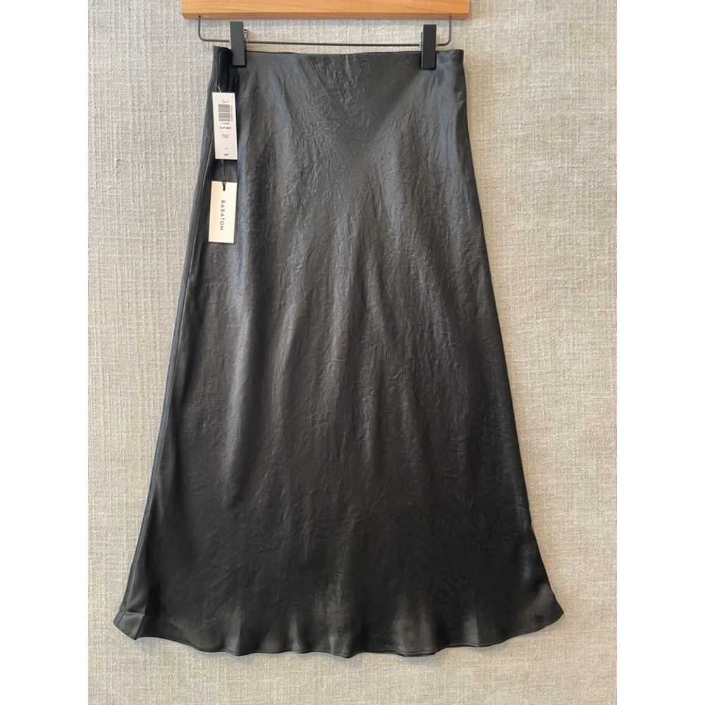 Babaton Aritzia Slip Midi Skirt Black Noir Crinkle Satin High Waisted 4 114269